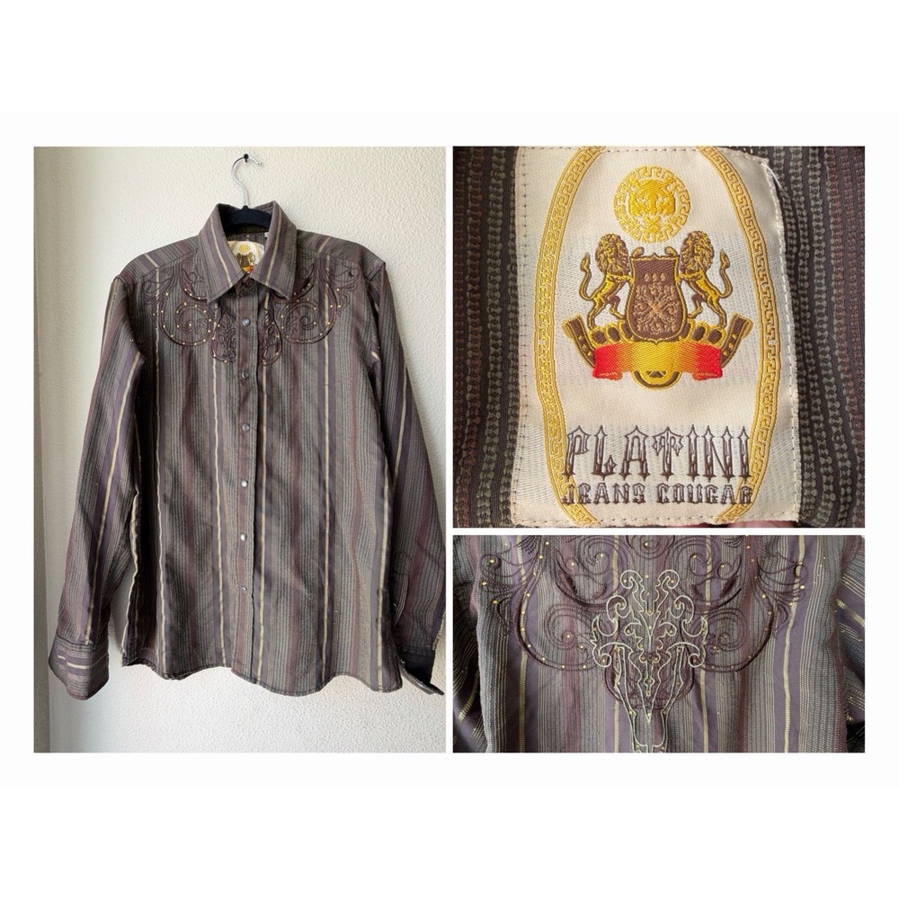 Vintage Y2K Platini Jeans Cougar Men M Western Shirt Metallic Gold Stripe Skull